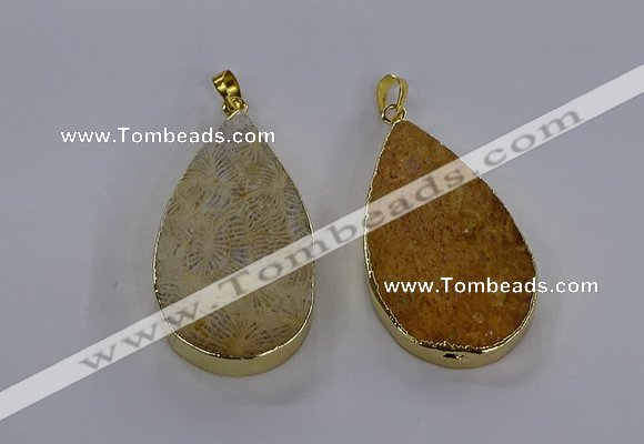 CGP3016 28*50mm flat teardrop fossil coral pendants wholesale