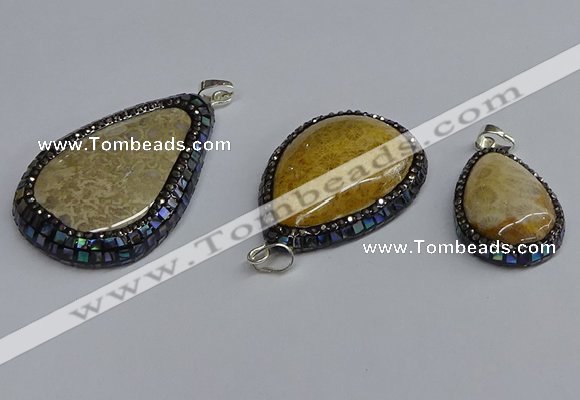 CGP3415 22*35mm - 35*50mm flat teardrop fossil coral pendants