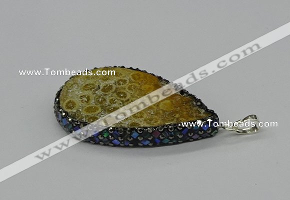 CGP3418 30*50mm - 35*55mm flat teardrop fossil coral pendants