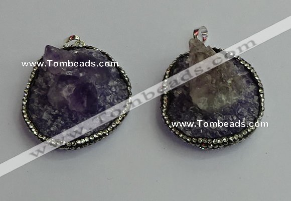 CGP366 30*40mm - 35*45mm freeform crystal glass & amethyst pendants