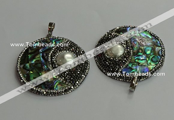 CGP710 45mm flat round abalone shell & shell pearl pendants