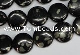 CJB158 15.5 inches 14mm flat round natural jet & pyrite gemstone beads