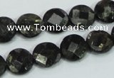 CLB305 15.5 inches 12mm faceted flat round black labradorite beads