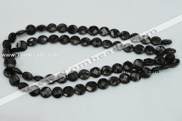 CLB305 15.5 inches 12mm faceted flat round black labradorite beads