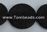 CLV51 15.5 inches 32mm flat round black natural lava beads wholesale