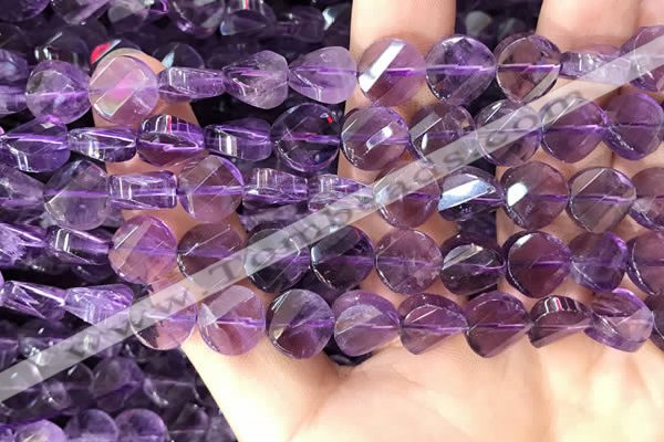 CNA1109 15.5 inches 10mm twisted & faceted coin amethyst beads