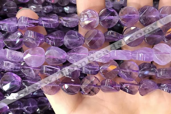 CNA1110 15.5 inches 12mm twisted & faceted coin amethyst beads