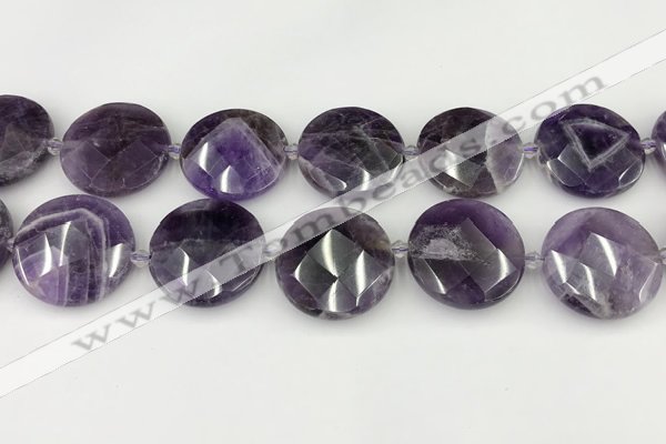 CNA1211 15.5 inches 30mm faceted coin amethyst gemstone beads