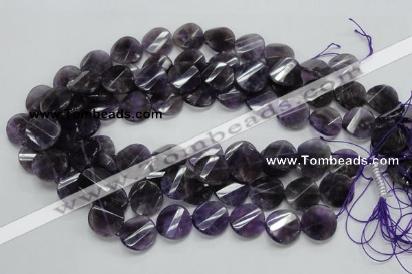 CNA45 15.5 inches 20mm twisted faceted coin grade A natural amethyst beads