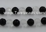 CNC86 15.5 inches 8mm carved round matte white crystal & black agate beads