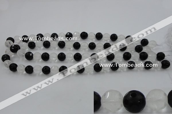 CNC87 15.5 inches 10mm carved round matte white crystal & black agate beads