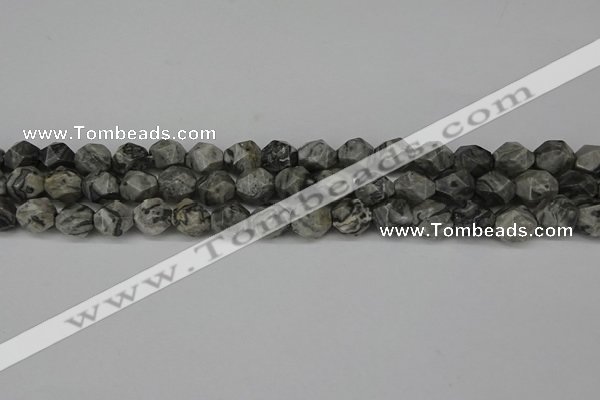 CNG6127 15.5 inches 8mm faceted nuggets grey picture jasper beads