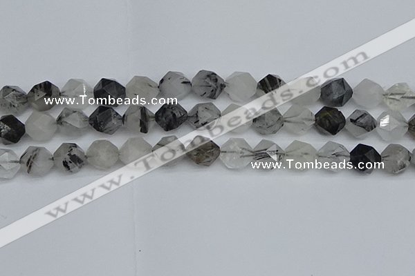 CNG7248 15.5 inches 12mm faceted nuggets black rutilated quartz beads