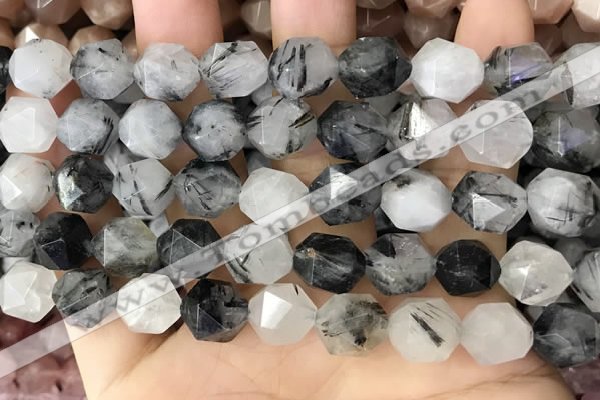 CNG8735 15.5 inches 12mm faceted nuggets black rutilated quartz beads