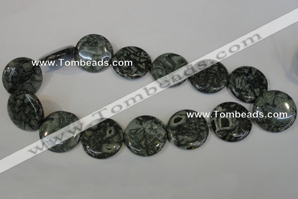 CNS425 15.5 inches 30mm flat round natural serpentine jasper beads