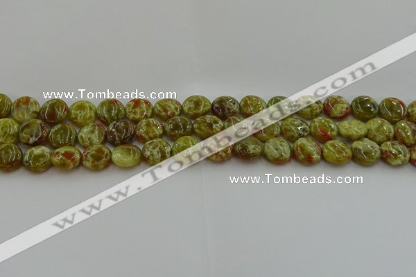 CNS622 15.5 inches 10mm flat round green dragon serpentine jasper beads