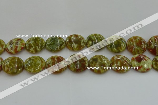 CNS627 15.5 inches 25mm flat round green dragon serpentine jasper beads