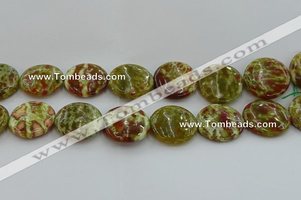 CNS628 15.5 inches 30mm flat round green dragon serpentine jasper beads