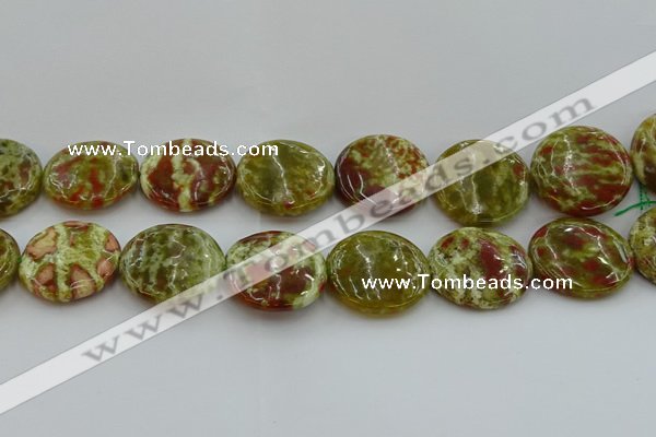 CNS629 15.5 inches 35mm flat round green dragon serpentine jasper beads