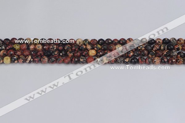 COB676 15.5 inches 4mm faceted round red snowflake obsidian beads