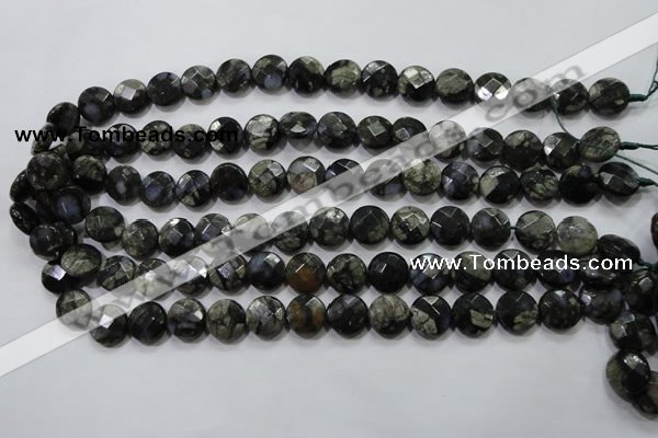 COP481 15.5 inches 12mm faceted coin natural grey opal beads