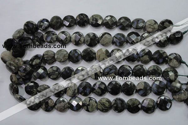 COP482 15.5 inches 15mm faceted coin natural grey opal beads