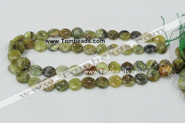 COP557 15.5 inches 14mm flat round natural yellow & green opal beads