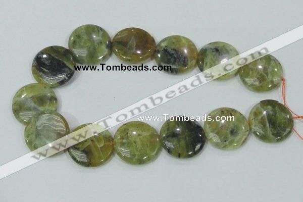 COP559 15.5 inches 30mm flat round natural yellow & green opal beads