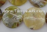 COP596 15.5 inches 25mm flat round natural yellow & green opal beads