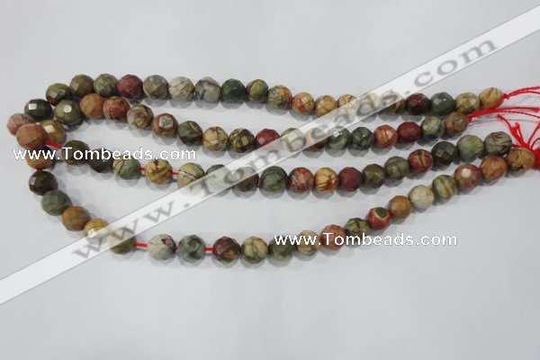 CPJ303 15.5 inches 10mm faceted round picasso jasper beads wholesale