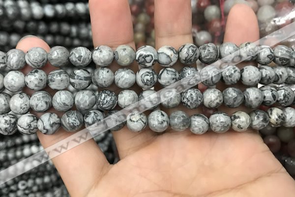 CPJ642 15.5 inches 8mm faceted round grey picture jasper beads