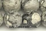 CPJ728 15 inches 12mm faceted round grey picture jasper beads