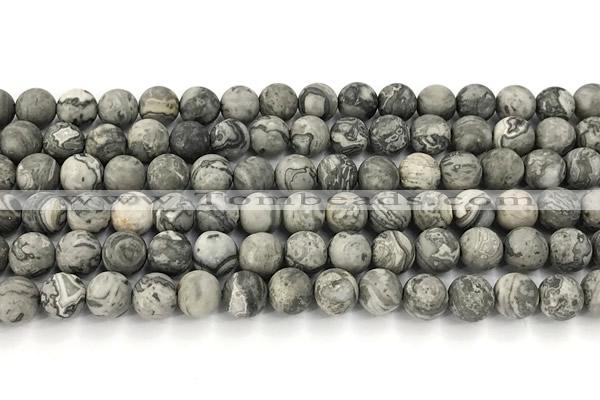 CPJ742 15 inches 8mm round matte grey picture jasper beads