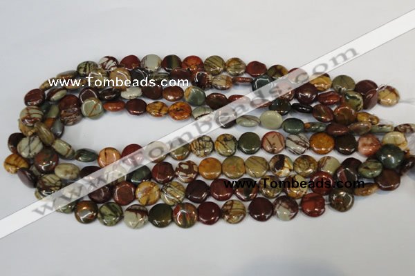 CPJ75 15.5 inches 12mm flat round picasso jasper gemstone beads