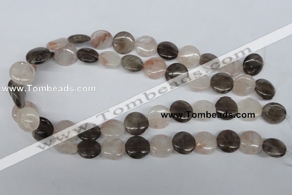 CPQ102 16mm flat round natural pink crystal & smoky quartz beads