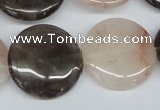 CPQ103 25mm flat round natural pink crystal & smoky quartz beads