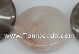 CPQ104 35mm flat round natural pink crystal & smoky quartz beads