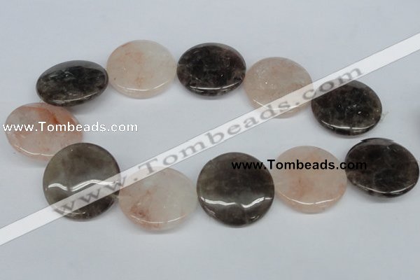 CPQ104 35mm flat round natural pink crystal & smoky quartz beads