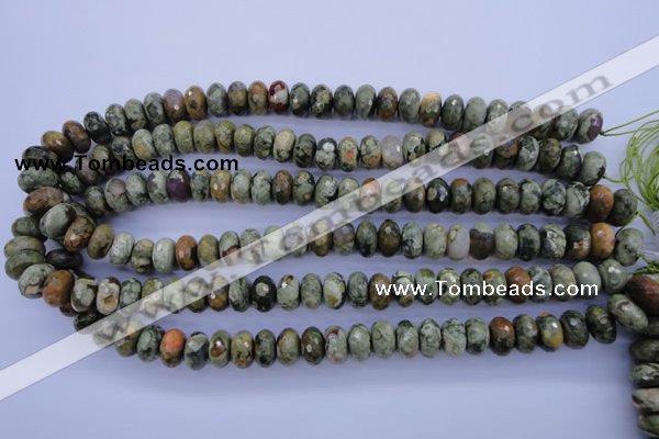 CPS118 15.5 inches 6*12mm faceted rondelle green peacock stone beads