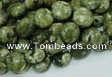 CPS35 15.5 inches 10mm flat round green peacock stone beads