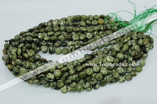 CPS35 15.5 inches 10mm flat round green peacock stone beads