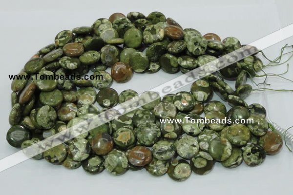 CPS36 15.5 inches 12mm flat round green peacock stone beads