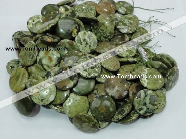 CPS38 15.5 inches 18mm flat round green peacock stone beads