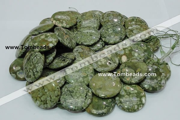 CPS41 15.5 inches 40mm flat round green peacock stone beads