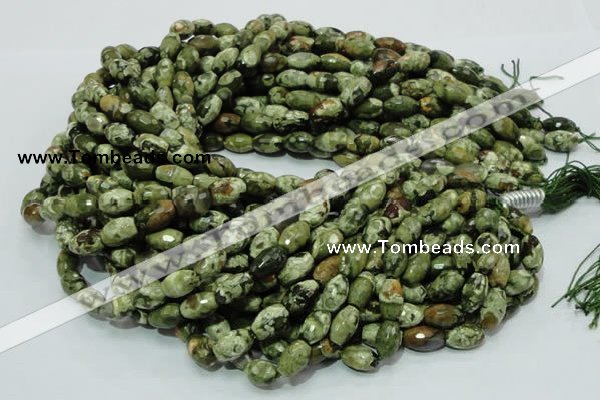 CPS66 15.5 inches 7*11mm faceted rice green peacock stone beads