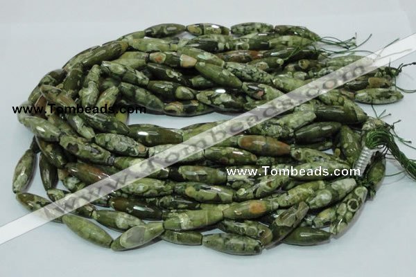 CPS70 15.5 inches 10*30mm faceted rice green peacock stone beads