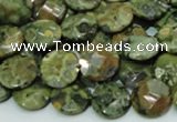 CPS84 15.5 inches 12mm faceted flat round green peacock stone beads