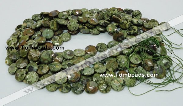 CPS84 15.5 inches 12mm faceted flat round green peacock stone beads