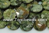 CPS85 15.5 inches 14mm faceted flat round green peacock stone beads