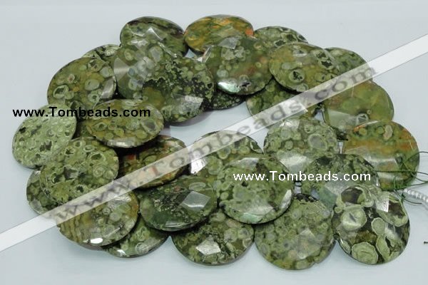 CPS88 15.5 inches 40mm faceted flat round green peacock stone beads